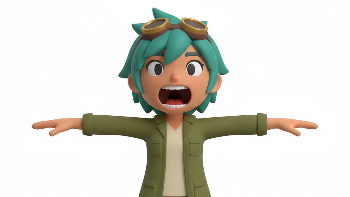 AI-generated character reference sheet: a stylised figure standing arms-out on a white background with the mouth wide open, showing teeth and the dark cavity behind them - the geometry a VRM's visemes are built from.