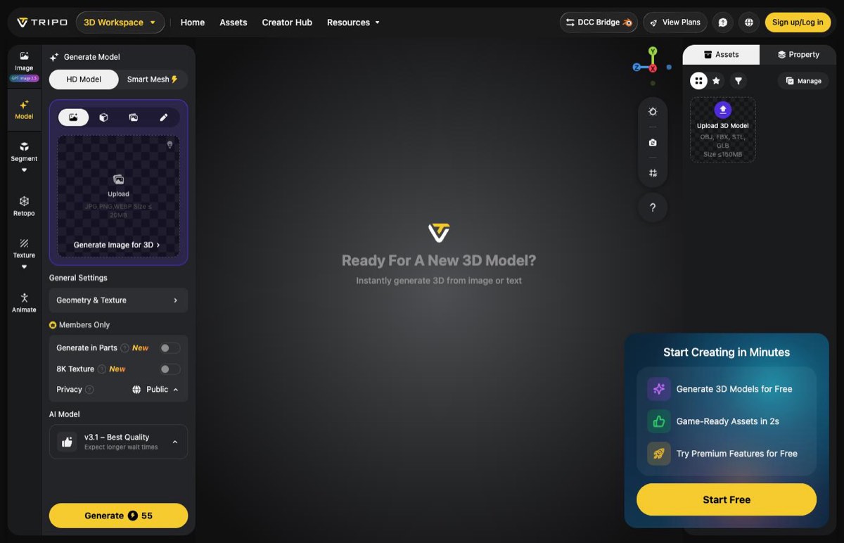 Tripo Studio's 3D workspace with the image upload panel, topology settings and the generate button, used to turn a character reference into a rigged 3D model.